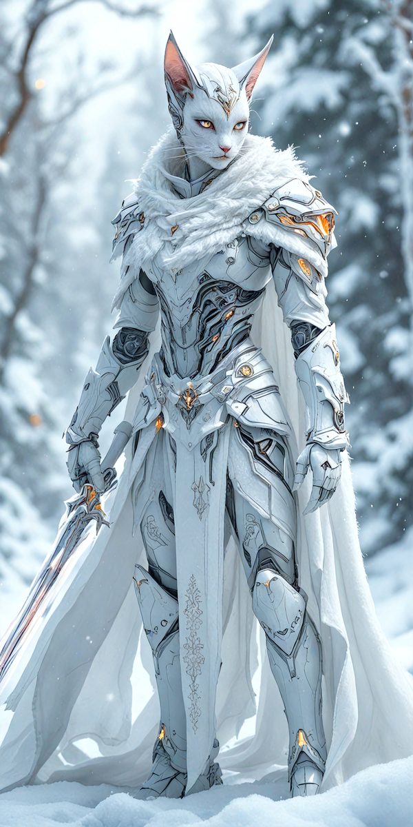 The primary subject of the image is a person dressed in a white and gold armor, holding a sword. The setting is a snowy environment, with the person standing in the snow. The visual style appears to be a digital art or illustration, creating a fantasy and adventurous atmosphere. The dominant colors are white and gold, which contribute to the overall mood of the image.